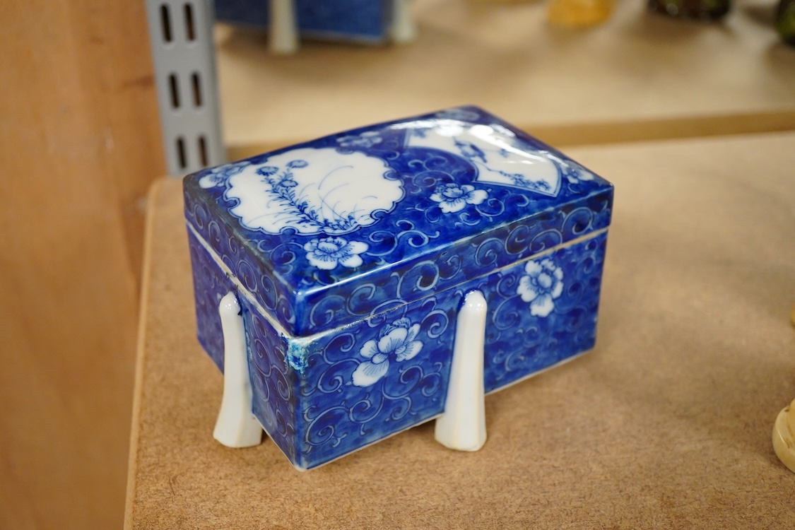 A Japanese Meiji period blue and white porcelain box and cover, 12cm wide